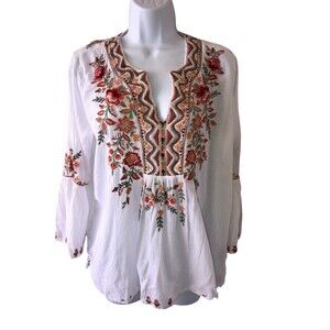 JOHNNY WAS Medium White Sheer Floral Embroidered Shirt Blouse Cotton Top